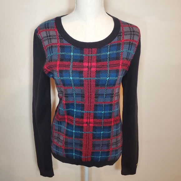 Tommy Hilfiger red blue black gray plaid crew neck pullover knit sweater small - Picture 3 of 9